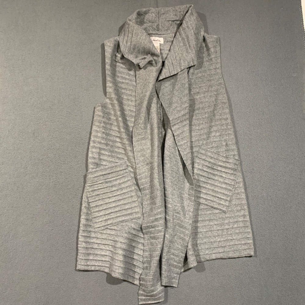 Le Moda Vest Women Gray Ribbed Open Front Drape Neck Pockets Fleece Layering